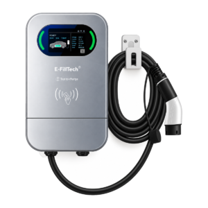 E-FILL PEV-05 7kW Type 2 AC wallbox with LCD screen and RFID, wall-mounted front view