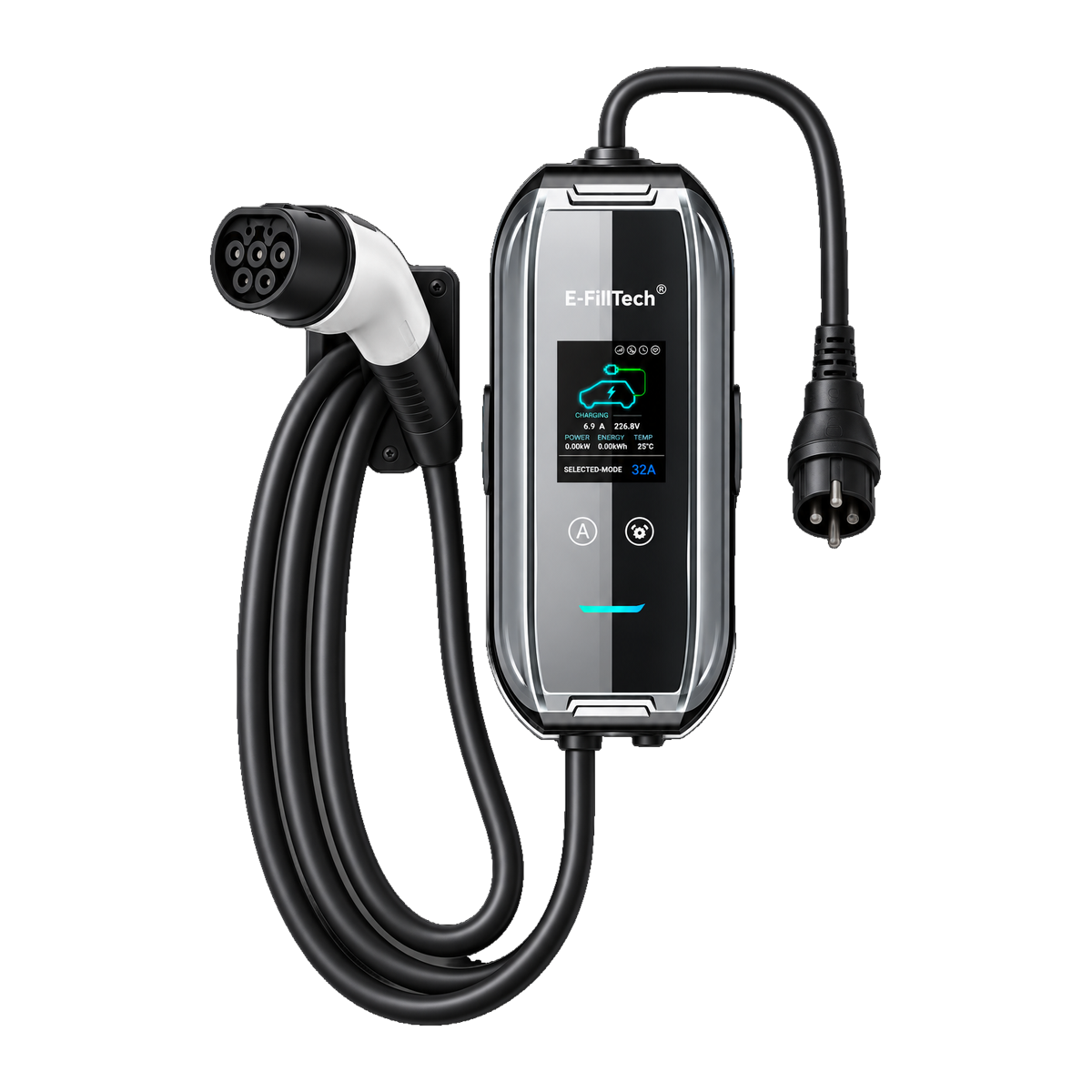 E-FILL Portable EV Charger 3.5kW Type 2 (LCD Screen) E-FILL 3.5kW portable Type 2 EV charger with LCD screen, coiled cable, Type 2 gun and input plug