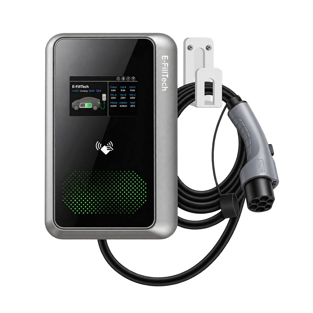 Home E-FILL Type 2 AC EV charger, 7 to 22 kW wallbox with tethered cable and holster